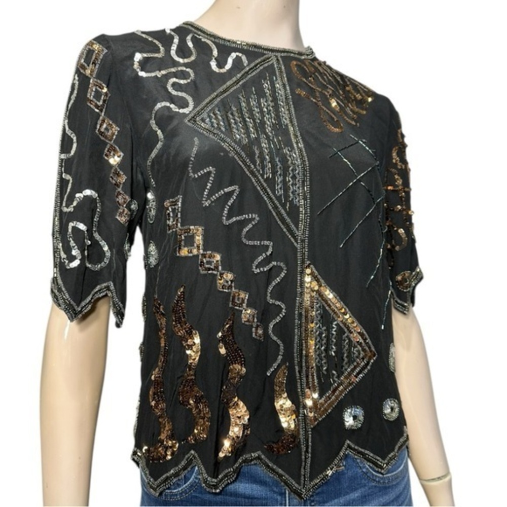 Argenti Vintage Women’s M Black Silk Multi Color Beaded Sequin Party Evening Top